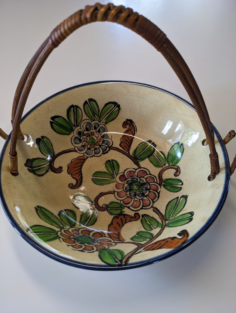 Hand-Painted Floral Ceramic Basket Bowl - Green & Brown